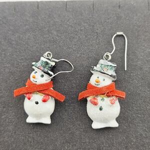 Snowman Hand Painted Dangle Drop Earrings Silver Tone Hook Winter Sparkle Retro